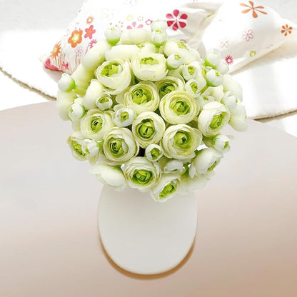 24 Pcs Ranunculus Artificial Flowers 10.5", Mini Faux Silk Ranunculus with Stem, Fake Flowers for Home Decor Indoor Wedding Bouquets Centerpieces (White and Green)