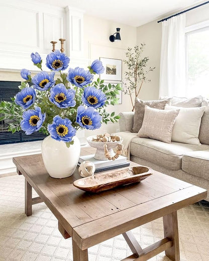28.3" Blue Artificial Flowers Poppy Flowers 3Pcs Silk Fake Poppy Flowers Real Touch Faux Poppies Spring Flower Long Stem Arrangement with 4 Heads for Party Centerpiece Bouquet Table Home Decoration