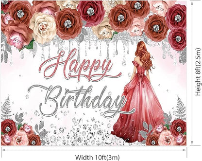 AOFOTO Happy Birthday Backdrop Red Beige Pink Rose Floral Diamond Print Photography Background for Women Girls Birthday Party Banner Home Wall Decor Photo Studio Booth Props 10x8ft