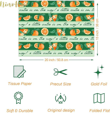 NICROHOME EUR Little Cutie Baby Shower Decorations Tissue Paper, 24 Sheets Orange Green Citrus Print Gift Tissue Wrapping Paper for Birthday, Summer Party, Fruit Party Craft Wrapping