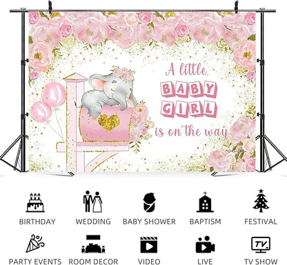 10x8ft Elephant Baby Shower Backdrop A Little Baby Girl is On The Way Photography Background Pink Floral Balloon Mailbox Baby Girls Party Banner Decorations Newborn Portrait Photo Booth Prop