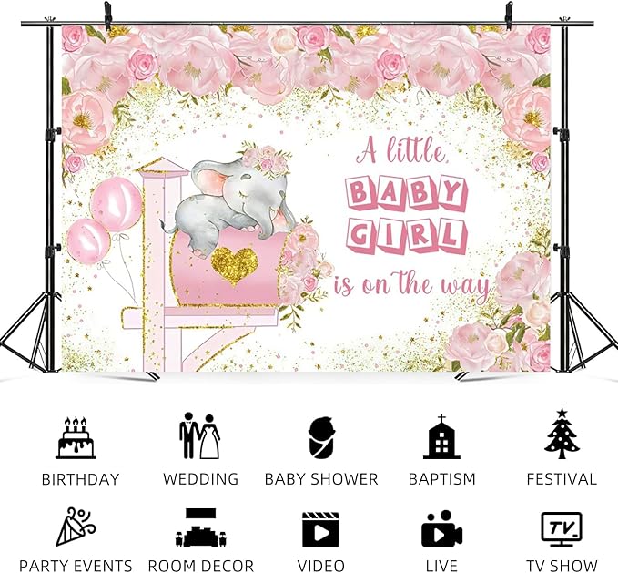 10x6.5ft Elephant Baby Shower Backdrop A Little Baby Girl is On The Way Photography Background Pink Floral Balloon Mailbox Baby Girls Party Banner Decorations Newborn Portrait Photo Booth Prop