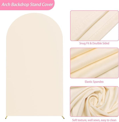 Putros 7.2ft Metal Arch Stand with Cover Beige Spandex Fitted Wedding Arch Cover and Round Top Chiara Backdrop Stand Set for Birthday Party Baby Shower Decoration