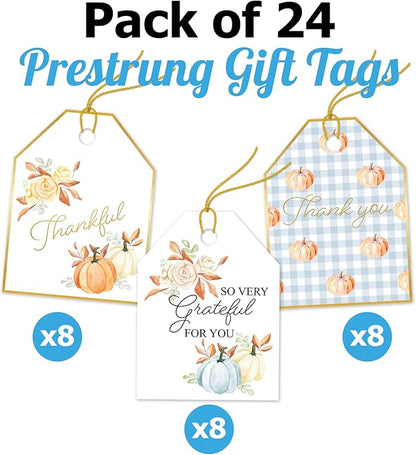Pro Supply Global 24 Count of 2.5 Inch x 3 Inch Pre Strung Thankful Fall Pumpkins Gift Tag Assorted Printed Designs on Large Cardstock Gift Hang Tags - Ideal to Use on Bags