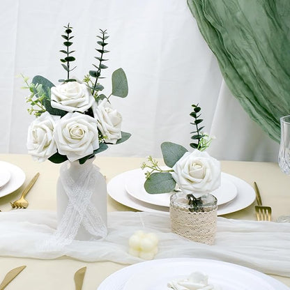Artificial Flowers, 50pcs Artificial Rose for DIY Bouquets Arrangement, Sand White Rose Flowers Foam Fake with Stems for Wedding Shower Party Floral Arrangements Home Decorations