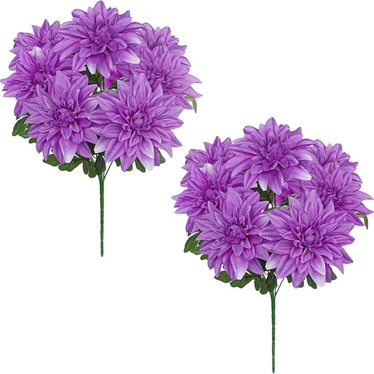 Hollyone 2Pcs Purple Artificial Dahlia Flowers Bush 7 Heads Silk 15.7" Fake Dahlias Flowers Wedding Bouquets Faux Dahlia Flower Floral Arrangements for Outdoor Indoor Table Centerpieces Home Decor