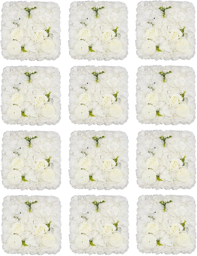 12Pcs Artificial Flower Wall Panel,3D 15" X 15" Silk Rose Mat Artificial Flower Wall,Decorative Backdrop Flower Panels Wall for Wedding Party Stage Baby Shower Decor (White)