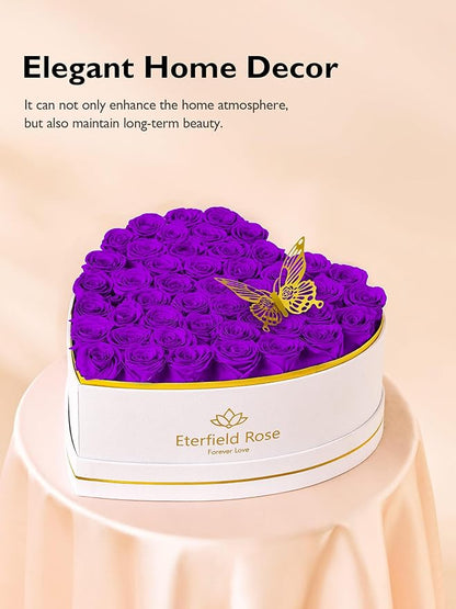 Eterfield 47 Forever Flowers in Heart Shape Box, Preserved Roses That Last a Year Preserved Flowers Birthday Gifts for Her Mom Women Wife Anniversary Valentines Day Mothers Day Christmas, Purple