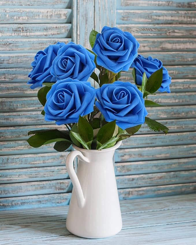 JOYLEX Artificial Flowers Realistic Roses, 50pcs Real Looking Fake Roses with Stem for DIY Wedding Bouquets Centerpieces Bridal Shower Party Home Romantic Decorations (Regular 3" - 50pcs, Blue)