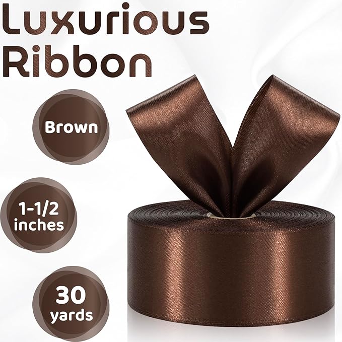Brown Ribbon 1-1/2 Inch 30 Yards Solid Brown Satin Ribbon for Flower Bouquet, Fabric Ribbon for Gift Wrapping Crafts Hair Accessories Eternal Flower Wedding Christmas
