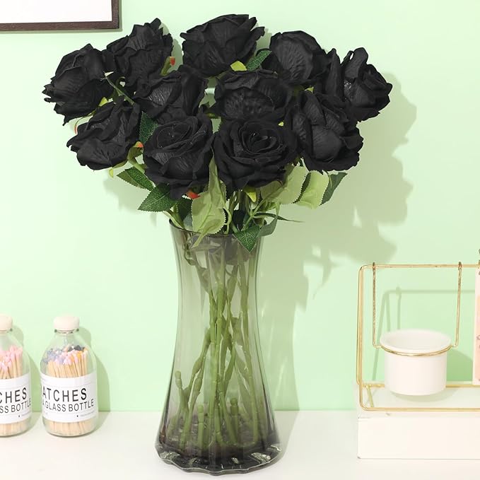 Cloudecor 15Pcs Black Roses Artificial Flowers Fake Roses Long Stem Velet Rose Silk Flowers for Home Wedding Decoration (Round Rose,Black)