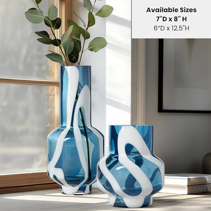 Torre & Tagus 8" White Striped Blue Vase for Flowers - Hand Blown Blue & White Art Glass Vase Modern Home Decor, Large Table Centerpiece for Living Room Consoles, Dining Tables, Modern Art Displays