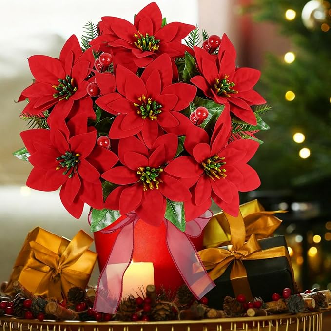 Poinsettia Christmas Decorations 6 Pack 7 Heads Artificial Poinsettia Flowers Bouquet 14 Inch Velvet Poinsettia Picks With Red Berry Stems Holly Leaves for Christmas Tree Vase Porch Home Garden Decor