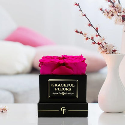 Graceful Fleurs | Real Long Lasting Roses for Years | Preserved Fresh Flowers for Delivery Birthday | Birthday Gifts for Women | Forever Roses in a Box (Radiant Pink, Black Box, 4 Roses)