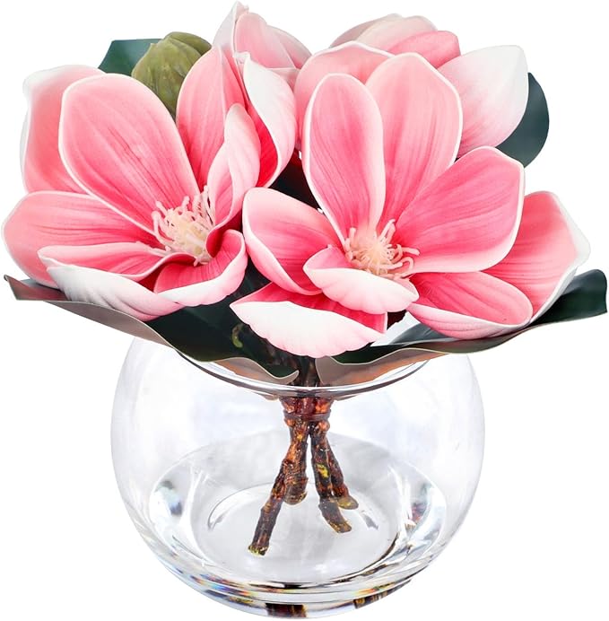 Artificial Magnolia Flower in Glass Vase, Fake Flowers with Faux Water for Realistic Look, Small Potted Plant for Home Desk, Bathroom, Office Shelf Table Centerpiece Decor(Pink)