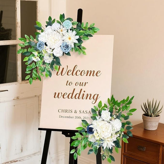 Artificial Wedding Arch Flowers (Pack of 2), White Wedding Flowers for Wedding Welcome Ceremony Sign, Faux Floral Swags, Banquet and Reception Backdrop Floral Decoration (White & Blue)