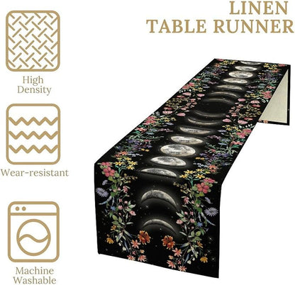 Boho Floral Table Runner, Spring Gothic Moon Phase Wildflower Mystical Witchy Farmhouse Coffee Table Center Decor for Home Kitchen Dining Patio Holiday Party Table Decorations 13x72 inches