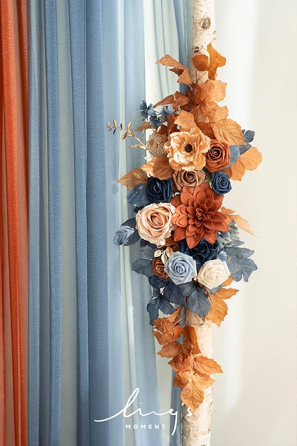 Ling's moment Fall Wedding Arch Flowers with Sheer Drapes Kit - Artificial Orange and Navy Blue Floral Arrangements for Ceremony Backdrop, Arbor Decor, 5-Piece Set (2 Flower Stems + 3 Hanging Drapes)
