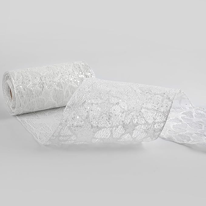 MEEDEE 6 Inch Wide Wired Ribbon White Glitter Mesh Web Wired Edge Ribbon by 10 Yards Roll White Mesh Wired Ribbons for Christmas Tree, Garland, Holiday Crafts, Bows, Centerpiece, Gift Wrapping