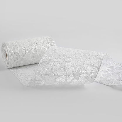 MEEDEE 6 Inch Wide Wired Ribbon White Glitter Mesh Web Wired Edge Ribbon by 10 Yards Roll White Mesh Wired Ribbons for Christmas Tree, Garland, Holiday Crafts, Bows, Centerpiece, Gift Wrapping
