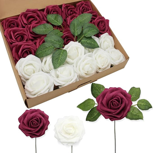 JOYLEX Artificial Flowers Realistic Roses, 50 pcs Real Looking Fake Roses with Stem for DIY Wedding Bouquets Centerpieces Bridal Shower Party Home Romantic Decorations (White & Wine Red)