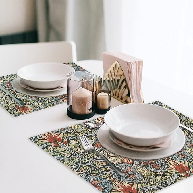 Vintage Flower Placemats Set of 6, William Morris Retro Boho Botanical Plant Place Mats, Heat Resistant Non Slip Cotton Linen Dining Table Mats for Home Kitchen Party 18x12 Inch