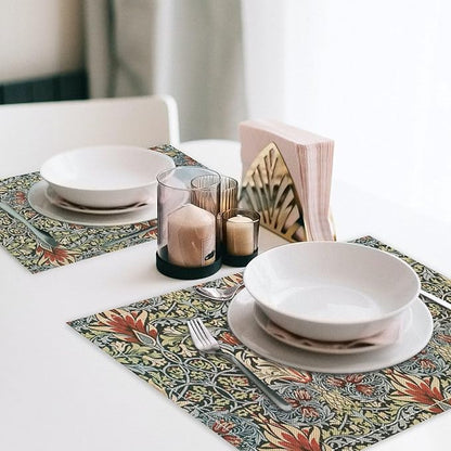 Vintage Flower Placemats Set of 6, William Morris Retro Boho Botanical Plant Place Mats, Heat Resistant Non Slip Cotton Linen Dining Table Mats for Home Kitchen Party 18x12 Inch