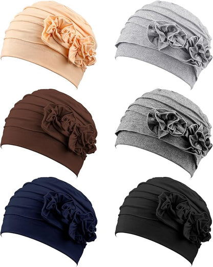 JenPen 6 Pcs Chemo Headwear for Women Stretchy Soft Turbans for Cancer Solid Beanie Flower Chemo Caps for Hair Loss