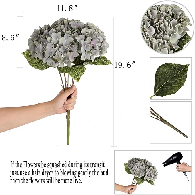 2Bouquets Artificial Fake Flowers Plants Silk Hydrangea Arrangements Wedding Bouquets Decorations Plastic Floral Home Kitchen Garden Party Festival Bar DIY (Gray Green,5 Flower Heads)