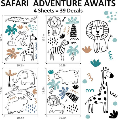 AOWDIAO Safari Wildlife Animal Wall Decals Line Art Peel & Stick Decor for Kids’ Room & Nursery