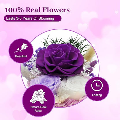 Birthday Gifts for Mom Forever Flowers for Delivery Prime Preserved Rose in Glass Dome Long-Lasting Eternal Rose Gifts for Her Women Grandma Wife on Christmas Anniversary Purple Flowers
