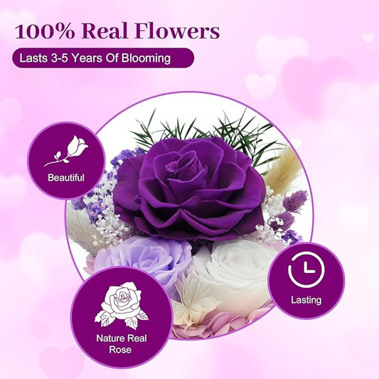 Birthday Gifts for Mom Forever Flowers for Delivery Prime Preserved Rose in Glass Dome Long-Lasting Eternal Rose Gifts for Her Women Grandma Wife on Christmas Anniversary Purple Flowers