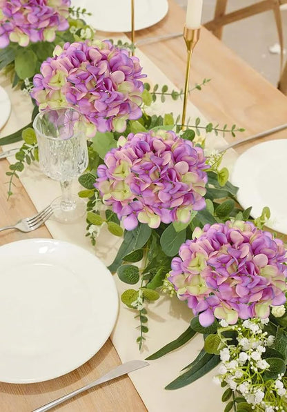 Hollyone Purple Silk Hydrangea Artificial Flowers Heads 7.4inch Large Fake Hydrangea 4Pcs Full Faux Flowers with Stems for Wedding Party Table Centerpieces Flower Arrangement Home Decor