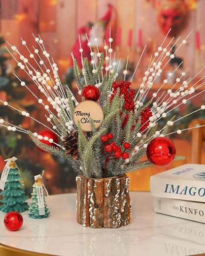 Christmas Artificial Glitter Holly Berry Stem,12Pcs Fake Christmas White Berries Branches Twigs 16 in Holly Berries Stem Picks for Christmas Tree Floral Arrangements Vase Home Decor