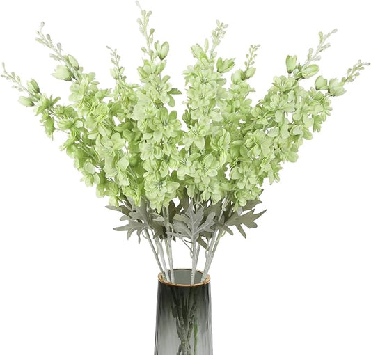 8PCS Delphinium Artificial Flowers Larkspur Fake Green Flowers 33.5in Long Stem Faux Silk Flowers for Tall Vases for Home Wedding Floral Arrangement Centerpiece Table Decorations (Light Green)