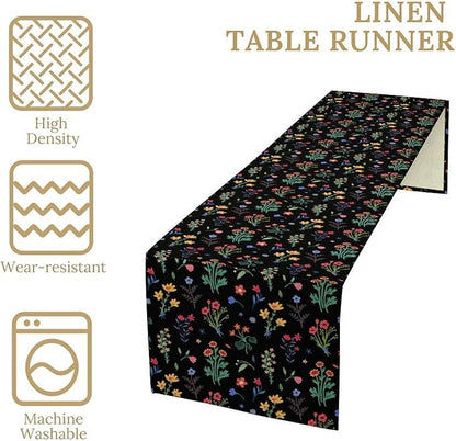 Retro Floral Table Runner, Colorful Bohemian Wildflower Flowers Blooms Vintage Table Runner for Kitchen Dining Party Home Decor, 13x120 Inch