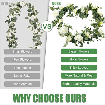 6FT Artificial Eucalyptus Garland with 14 Fake White Rose Flowers - Floral Greenery Decoration Vine for Runner, Backdrop, Arch Wall Decor,Indoor/Outdoor, (1 PCS)