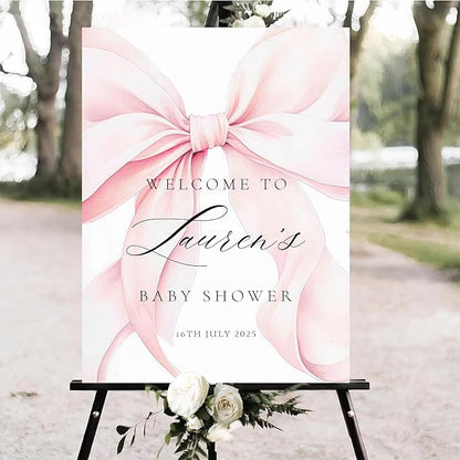 Personalized Pink Bow Baby Shower Welcome Sign, Custom Minimalist Bow Baby Girl Party Sign, Baby's Shower Gifts, Birthday Gifts, Gender Reveal Decorations, Newborn Announcement Party Supplies - 13
