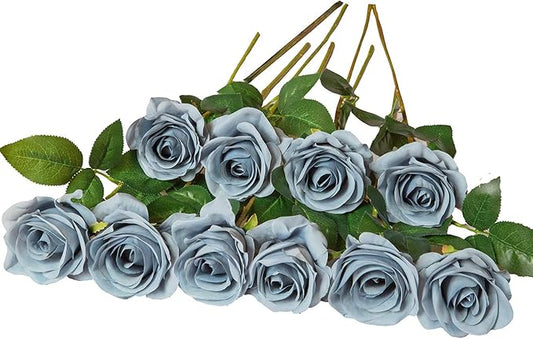 DuHouse 10pcs Fake Roses Artificial Silk Flowers Faux Dusty Blue Rose Flower Long Stems Bouquet for Arrangement Wedding Centerpiece Party Home Kitchen Decor (Dusty Blue)