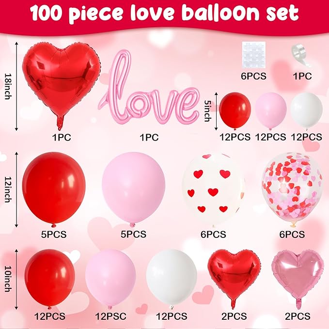 Valentines Day Balloon Arch Garland Kit, Red Pink White Heart Shaped Confetti Latex Balloon with Love Heart Foil Balloons for Happy Valentine Galentines Wedding Anniversary Birthday Party Decorations