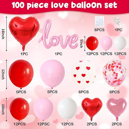 Valentines Day Balloon Arch Garland Kit, Red Pink White Heart Shaped Confetti Latex Balloon with Love Heart Foil Balloons for Happy Valentine Galentines Wedding Anniversary Birthday Party Decorations
