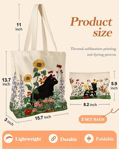 Aesthetic 2 Pack Canvas Tote Bag - with Makeup Zipper Pouch for Women Bag for Shopping, Gym, Travel, Vacation