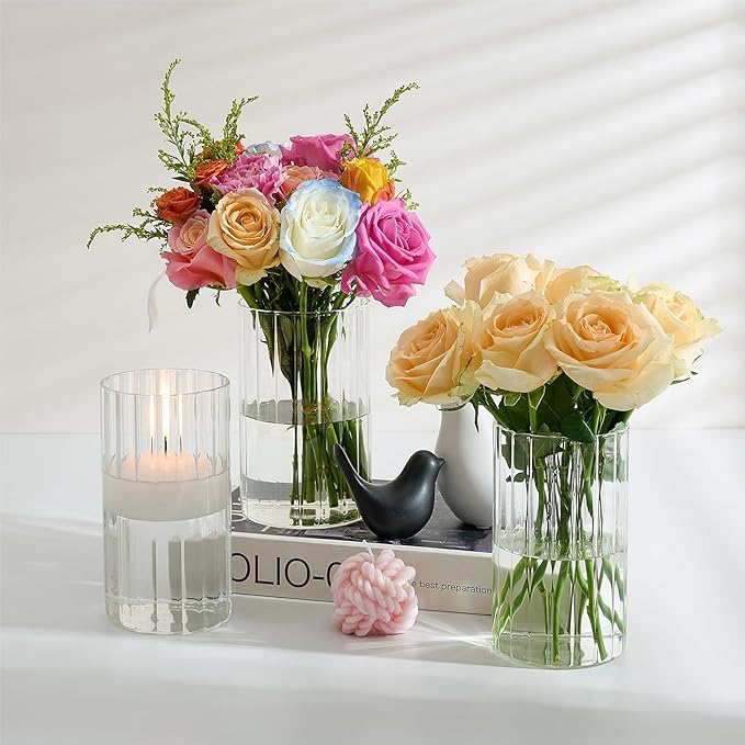 16 Packs Ribbed Glass Vase, 5.5/6 Inch Tall Clear Propagation Flower Vases in Bulk Glass Cylinder Vases for Centerpieces, Floating Candle Vases for House Warming Decoration Party