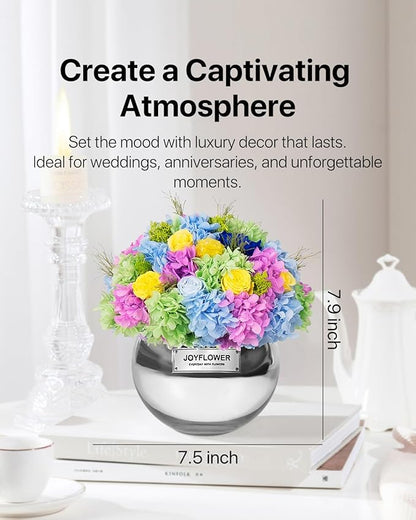 JoyFlower Preserved Flowers Vase Glass Decor, Eternal Flower Vases for Centerpiece, Forever Flower Decorations for Home Wedding Party Table Living Room Bedroom, Preserved Roses in Glass Vase(Colorful)