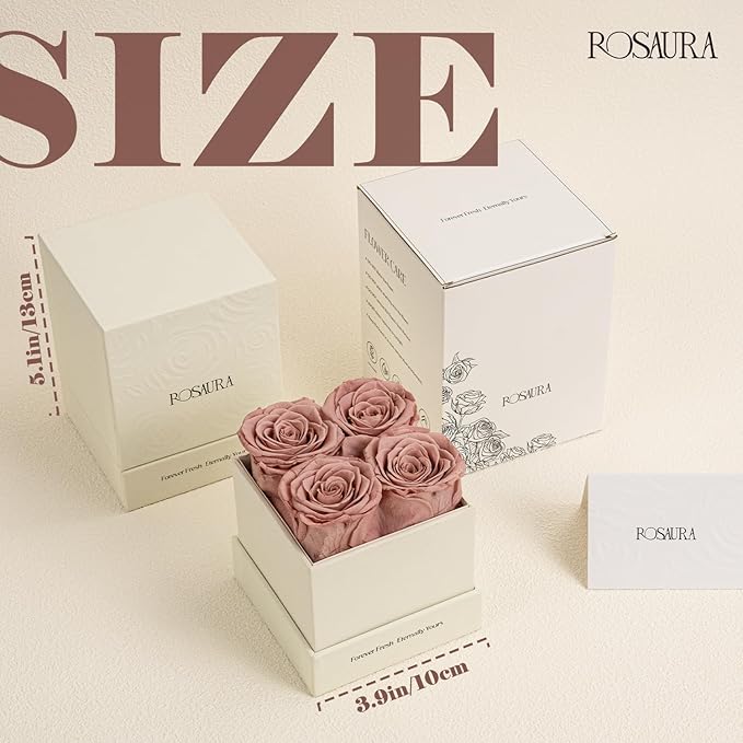 Rosaura 4-Piece Eternal Preserved Roses & Flowers Gift Box - Forever Lasting Real Roses, Preserved Flowers for Valentine's Day Cappuccino