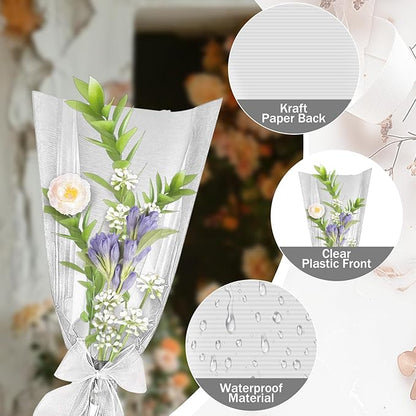 XABMU White Flower Bouquet Bags - 50 Pack White & Clear Floral Wrapping Sleeves for Wedding, Graduation, Mother’s Day Gifting & Florist Supplies