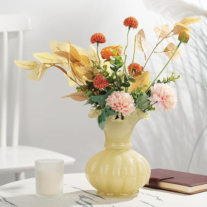 Joeyan Handmade Yellow Glass Flower Vase,7.9" Vintage Decorative Urn Vase for Centrepieces Bouquet Wedding,Colored Thickened Pedestal Vase Decorations for Rustic Home Living Room Office Farmhouse