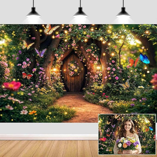 15X10ft Enchanted Forest Backdrop Fairy Tale Garden Wonderland Floral Butterfly Photography Background for Kids Girl Baby Shower Birthday Party Decoration Banner Cake Table Photo Booth Props