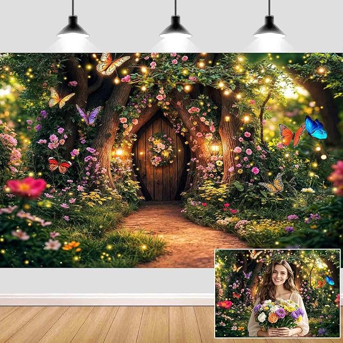 5X3ft Enchanted Forest Backdrop Fairy Tale Garden Wonderland Floral Butterfly Photography Background for Kids Girl Baby Shower Birthday Party Decoration Banner Cake Table Photo Booth Props