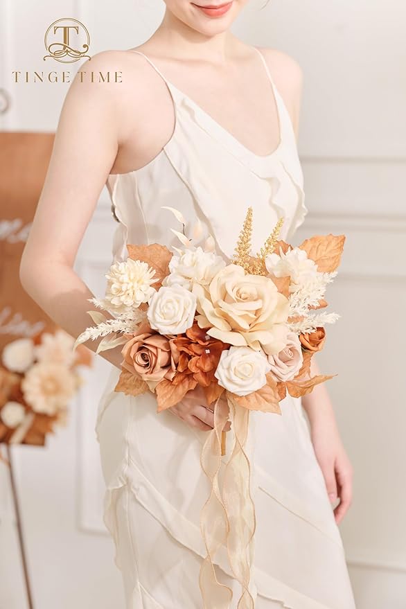 TINGE TIME 7inch Wedding Bouquets for Bridesmaid, Artificial Flowers Cascading Bridal Bouquet for Wedding (Burnt Orange & Champagne, Set of 4)